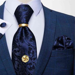 Luxe blauwe bloemen paisley banden voor mannen bruiloft nek tie zakdoek manchetknopen stropdas ring en tie tack set cadeau voor mannen dibangu g2203122207