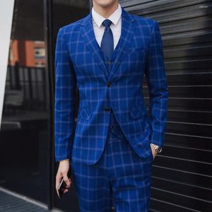 Men's Suits 2022 Autumn Men's Suit Three Pieces Set Large Size Lattice Male Fashion Business Formal Wear S For Wedding