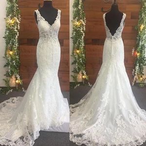 Gorgeous Mermaid Wedding Dresses Bridal Gown Lace Applique Straps Backless Sweep Train Custom Made Beach Country Plus Size Vestido De Novia 403