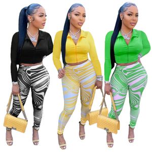 Kvinnors tvåbitar byxor Sexig solid dragkedja Crop Top Print Pants Two Piece Set Fall Clothes for Women Elegant Slim Club Party Tracksuit Women Outfits T221012