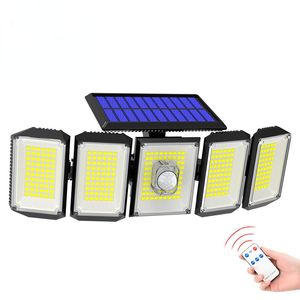 Lampada solare con sensore di movimento per lampione stradale Lampada da esterno a 5 teste 300 LED Impermeabile Luci di sicurezza solari grandangolari regolabili a 360°