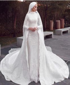 Vestidos de noiva modestos de sereia muçulmana com apliques de renda de trem destacável averskirt vestidos de noiva Hijab Court Train Robes Vintage