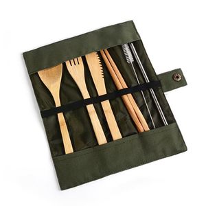 Wooden Dinnerware Set Bamboo Teaspoon Fork Soup Knife Catering Cutlery Sets with Cloth Bag Kitchen Cooking Tools Utensil SN274