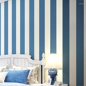 Wallpapers Environmentally Friendly Mediterranean Non-Woven Pure Paper Wallpaper Dark Blue Black And White Wide Vertical Striped