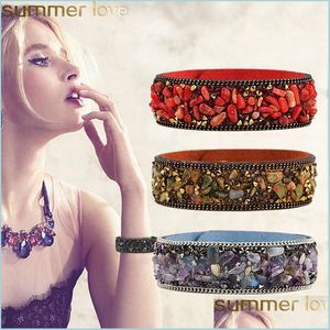 Other Bracelets Fashion Gemstone Crystal Leather Bracelet Women Vintage Wrap Cuff Bangle Wristband Summer Jewelry Drop Delivery Brace Dhqeb