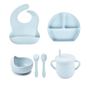 Tassen, Geschirr, Utensilien, 6-teiliges Set, Baby-Silikon-Geschirr, Tasse, Schüssel, Teller, Tablett, Lätzchen, Löffel, Gabel, Sets für Kinder, rutschfest, zum Füttern, BPA-frei, Geschirr, Abendessen 221119