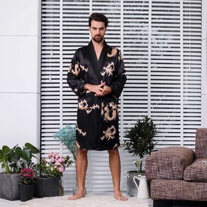 Mäns Sleepwear Spring V-hals Dragon Print Kimono Yukata Silk Rayon Robe Cardigan Casual Wedding Best Man Sleepwear Bathrobe Plus Size 5XL T221103