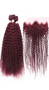 Silanda Hair Pre Dyed Bourgogne Kinky Curly Remy Human Hair Weaving Bundles 3 Weaves With 13x4 Spets Frontal