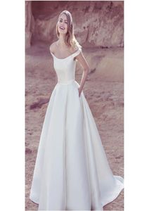 Popular simples e encantador aline fora do ombro vestido de noiva de cetim vestido de noiva de trem