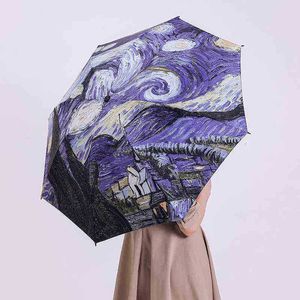 2020 New Oil Paint Sun Umbrella For Women Lady DualPurpose 3 Folding Sunscreen Rain Guarda cha J220722