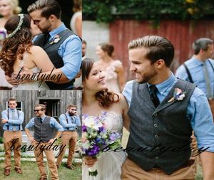 2021 Country Groom Vests Farm Wedding Party Herringbonebone en laine gris foncé Tweed Custom Made Slim Mens Suit Gest Gest Waistcoat 5705414