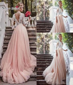 Blush Pink Lace 2020 Свадебные платья в линии vneck с длинными рукавами винтажные свадебные платья без спинки аппликации плюс платья невесты 5820433