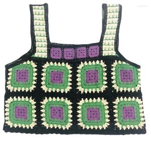 Women's Tanks Women Boho Sleeveless Crop Tank Top Vintage Crochet Knitted Contrast Color Square Plaid Mini Sweater Vest Beach Holiday Cami