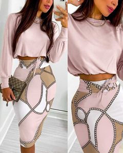Damen Zweiteilige Hosen Frauen Zweiteilige Anzüge Langarm Top Kettendruck Colorblock Kordelzug Geraffter Rock Set Sexy Robe Femme T221012