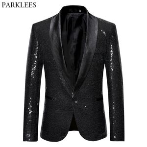 Men's Suits Blazers Black Sequin One Button Shawl Collar Suit Jacket Bling Glitter Nightclub Prom DJ Blazer Stage Clothes for Singers 221118