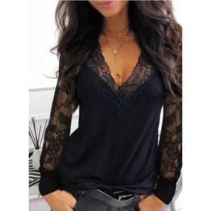 Camiseta feminina casual com decote em V e renda manga longa para roupas femininas de primavera e inverno sexy cor sólida camiseta preta para escritório feminina 221119