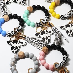 Cow Custom Silicone Beads Leather Tassel Cute Cow Wood Bull Wooden Bead Bracelet Silicone Wristlet Keychain