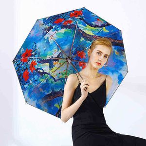 Chinese Oil Painting Style Golden Umbrella Woman And Lady Windproof Elegant ThreeFoldable Black Coating J220722