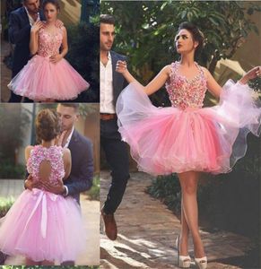 Disse Mhamad 3D Floral Applique Homecoming Dresses 2016 ￚltimo beb￪ rosa tule tule pufffy curto vestido de faixa de la￧o de mi￧angas 2013205