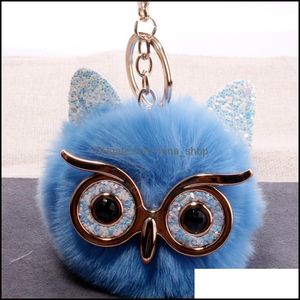 Key Rings Big Eye Owl Fur Key Ring Gold Bird Keychain Holder Bag Hangs Fashion Jewelry Red White Black Drop Delivery Dhuko