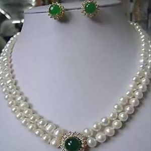 Nytt heta mode Nya smycken set äkta 7-8mm vit pärlgrön jade halsband örhänge