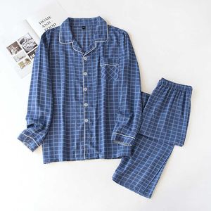 Mäns sömnkläder Nya våren och hösten Men's Viscose Pyjamas Långärmade byxor Summer Thin Cotton Plaid Home Service Tvådelad kostym Män T221103