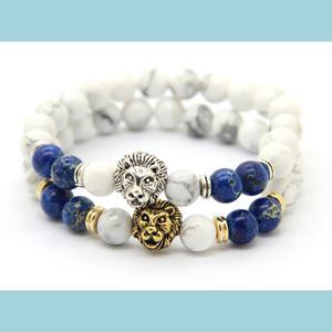 Beaded Top Quality Bracelets Wholesale 8Mm White Howlite Blue Sea Sent Imperial Stone Beads Gold Sier Lion Head Drop Delivery 2021 Je Dhfl5