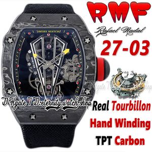 RMF YSF27-03 MENS Titta på riktiga Tourbillon Mechanical Hand Winding Black TPT All Carbon Fiber Case Skeleton Dial Black Nylon Strap Super Edition Sport Eternity Watches