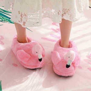 Ins Fashion Flamingo House Women Fur Slippers Winter Warm Plush Grils Bedroom Shoes Cute Cartoon Flamingo Pink Slides Onesize J220716