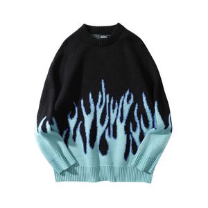 Herrenpullover Pullover Herren Streetwear Retro Flame Muster Hip Hop Herbst über Spandex Oneck Oversize Ehepaar Freizeitpullover 221119