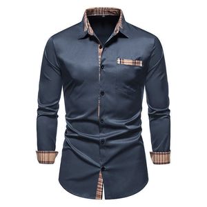 Men's Casual Shirts PARKLEES 2021 Autumn Plaid Patchwork Formal Shirts for Men Slim Long Sleeve Button Up Blue Shirt Dress Business Office Camisas T221006