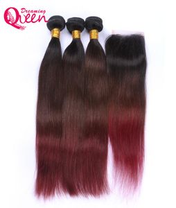 T1B 4 99J Farbe Straight Ombre Brazilian Virgin Human Hair Webs 3 Bündel mit 4x4 Spitzenverschluss mit Baby Haar gebleichten Knoten Cl CL