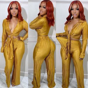 Women's Two Piece Pants Elegant Pleated Ladies 2 Piece Set Women Sexy Lace Up V Neck Long Sleeve Crop Top Wide Leg Pants Club Fall Outfits Tracksuit T221012