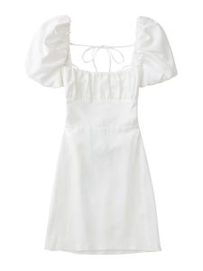 Casual Dresses women white fashion linen blend dress female square neck short puff sleeves backless crossover straps dress for women's 221119