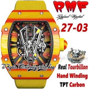 RMF ysf27-03 Mens Watch Real Tourbillon Hand Winding Red Yellow TPT Quartz Carbon Fiber Case Skeleton Dial Yellow Nylon Strap Super Edition Sport eternity Watches