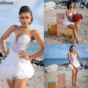 Abitino bianco Abito da ballo a sbuffo da sposa Collo trasparente Perle In rilievo Pellicce di lusso Mini abiti da sposa Summer Beach Sposa Secondo ricevimento Danza Abiti da sposa CL1480