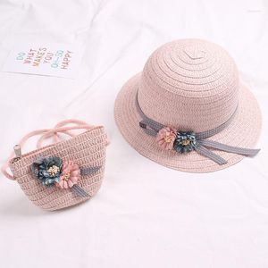 Şapkalar sevimli bowknot çiçek çocukları hasır şapka crossbody çanta seti bebek açık güneş yaz plaj kapağı rattan