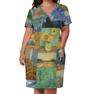 Vestidos plus size van gogh colagem vestido de girassóis impressão street moda moda casual verão v pescoço fofo presente ideia