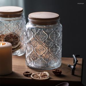 Storage Bottles Retro Sealed Glass Jar With Wood Lid Flower Embossed Kitchen Box Coffee Beans Spice Can Food Container Home Organizer