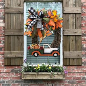 Decorative Flowers Pumpkin Truck Wreath Fall For Front Door Farm Fresh Sign Autumn Decoration Halloween Stolen Doorplate Decor