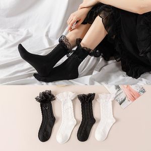 Women Socks Cosplay Fashion Ruffle Black White Lace Bow Lolita Cotton Japanese Dreating Mary Jane Crew Sock For Girls