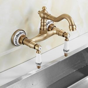 Kitchen Faucets Wall Mount Antique Faucet Ceramic Handle Brass Cold Water Mixer Tap Dual Hole Sink