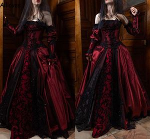 Gotik Burgundy Satin Bir Çizgi Gelinlik Uzun Kollu Siyah Dantel Aplike Korsacı Korsacı Gelin Gowns Seksi Omuz Düzenli 1950'ler Gelin Elbise Cl1483