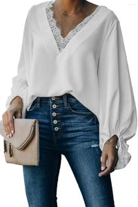 Women's Blouses Khaki/Black/White Lace V Neck Balloon Sleeves Chiffon Blouse Top Women Casual The Decoration On Neckline Tops Outfits