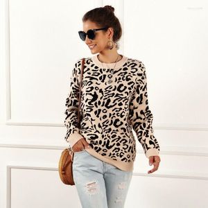 Kvinnors tr￶jor Kvinnor Leopard tryck vinter stickad tr￶ja Kvinnor O-hals l￥ng￤rmad l￶s kvinna 2022 Casual Autumn Overalls