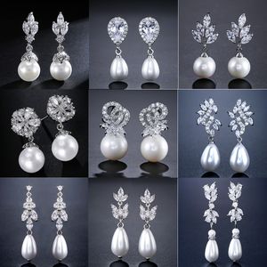 Delicate Cubic Zircon Leaf Dangle Earrings for Women Fashion Round Imitation Pearl Bridal Wedding Jewelry Gift