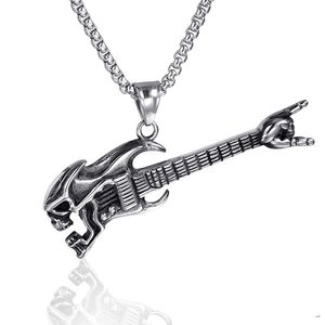Skull Bass Guitar Gesture Pendant Necklace Men's Retro Music Personality Unique Titanium Steel Necklace Jewelry
