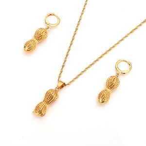 18 K Solid Fine Gold GF Dubai India Peanut Vintage Dingle Earrings Halsbandsmycken Set Women Girls Party Jewellery309J