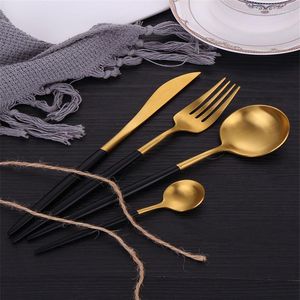 Servis uppsättningar rostfritt stål bordsartiklar svart och guld bestick set kök matt sked gaffel knivmiddag komplett droppe