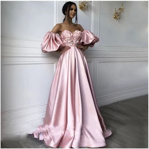 Pink Sweetheart Neck caftan Evening Dresses Flowers Full Sleeve Arabic Special Occasion Dress Evening Party Gowns